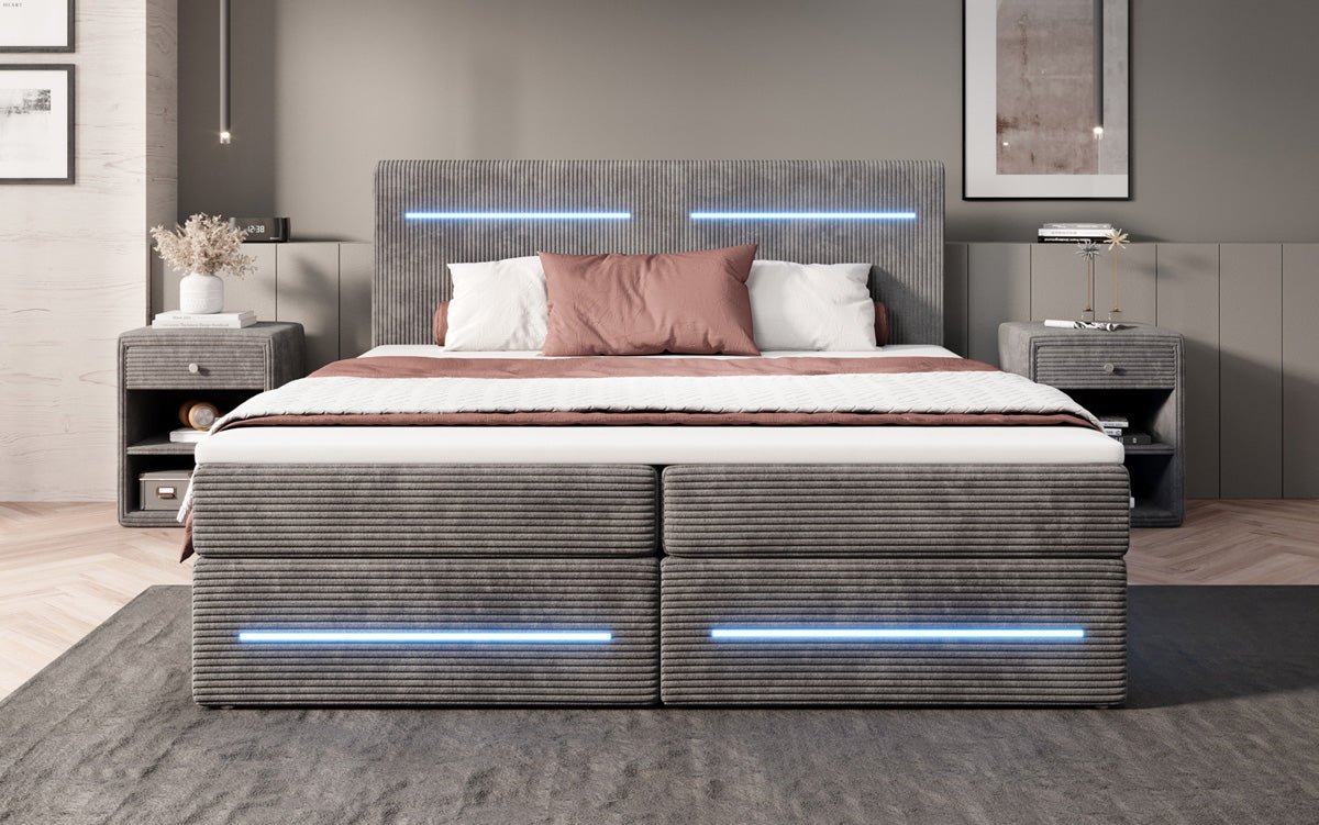 Lit boxspring Lara avec espace de rangement et LED en Côtelé