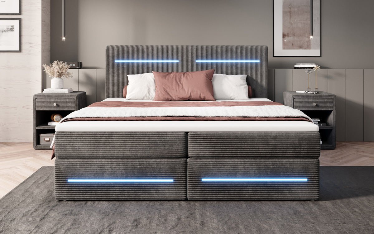 Lit boxspring Lara avec espace de rangement et LED en Côtelé