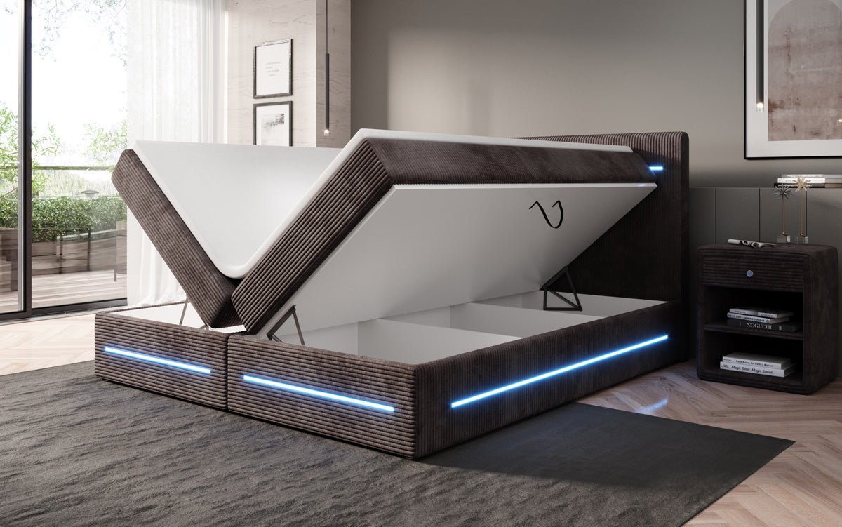 Lit boxspring Lara avec espace de rangement et LED en Côtelé