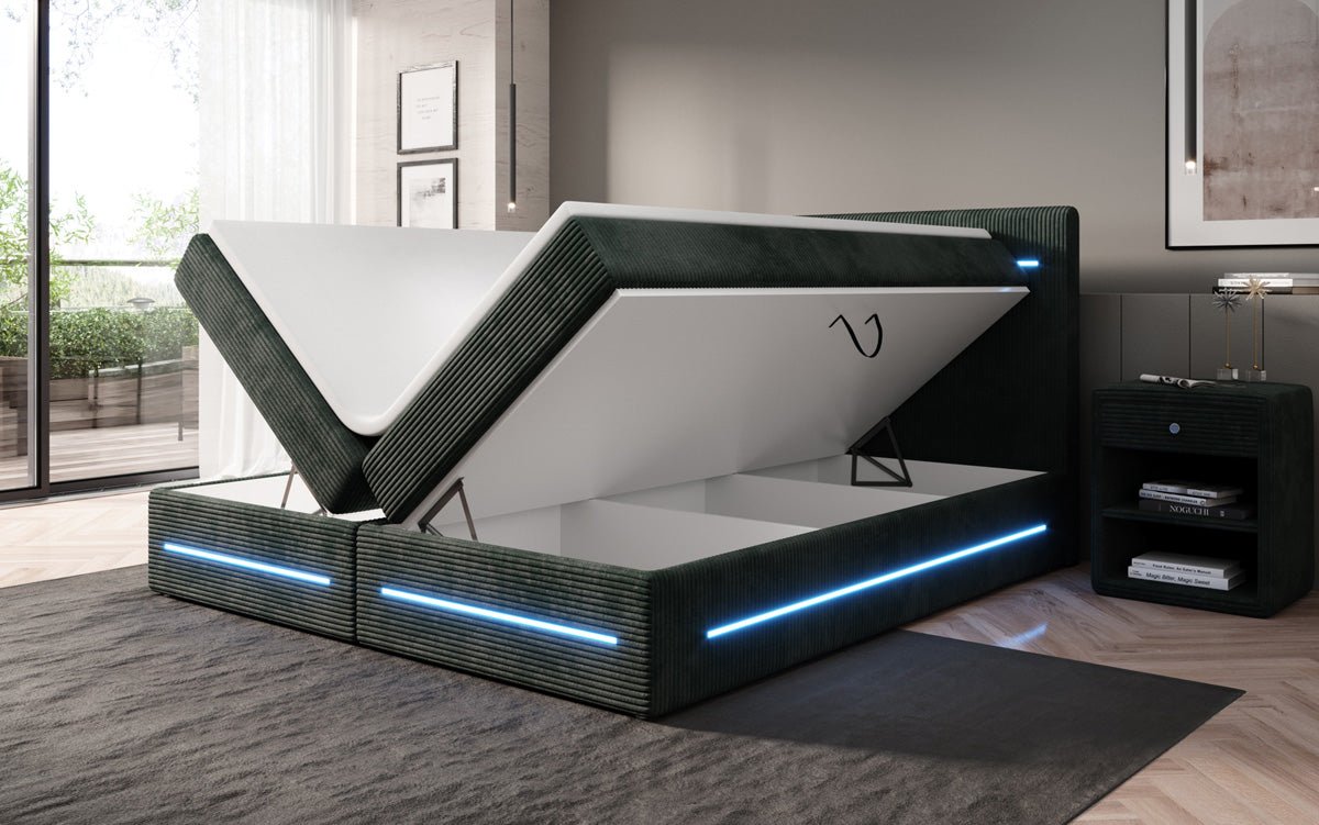 Lit boxspring Lara avec espace de rangement et LED en Côtelé