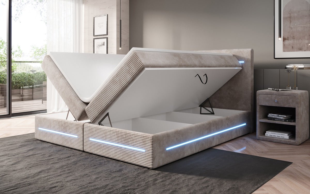Lit boxspring Lara avec espace de rangement et LED en Côtelé