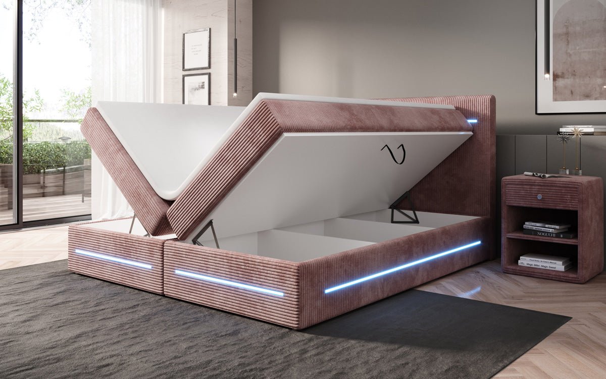 Lit boxspring Lara avec espace de rangement et LED en Côtelé