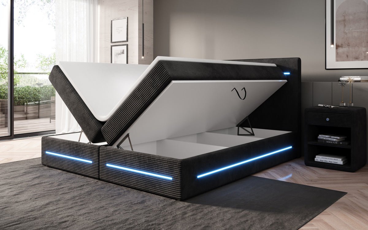 Lit boxspring Lara avec espace de rangement et LED en Côtelé