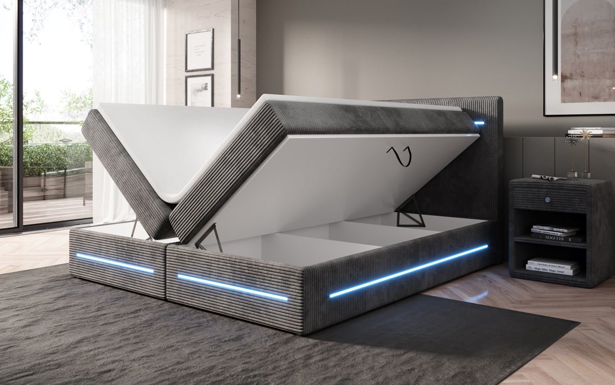 Lit boxspring Lara avec espace de rangement et LED en Côtelé
