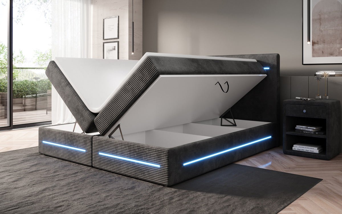 Lit boxspring Lara avec espace de rangement et LED en Côtelé
