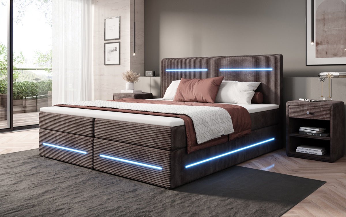 Lit boxspring Lara avec espace de rangement et LED en Côtelé
