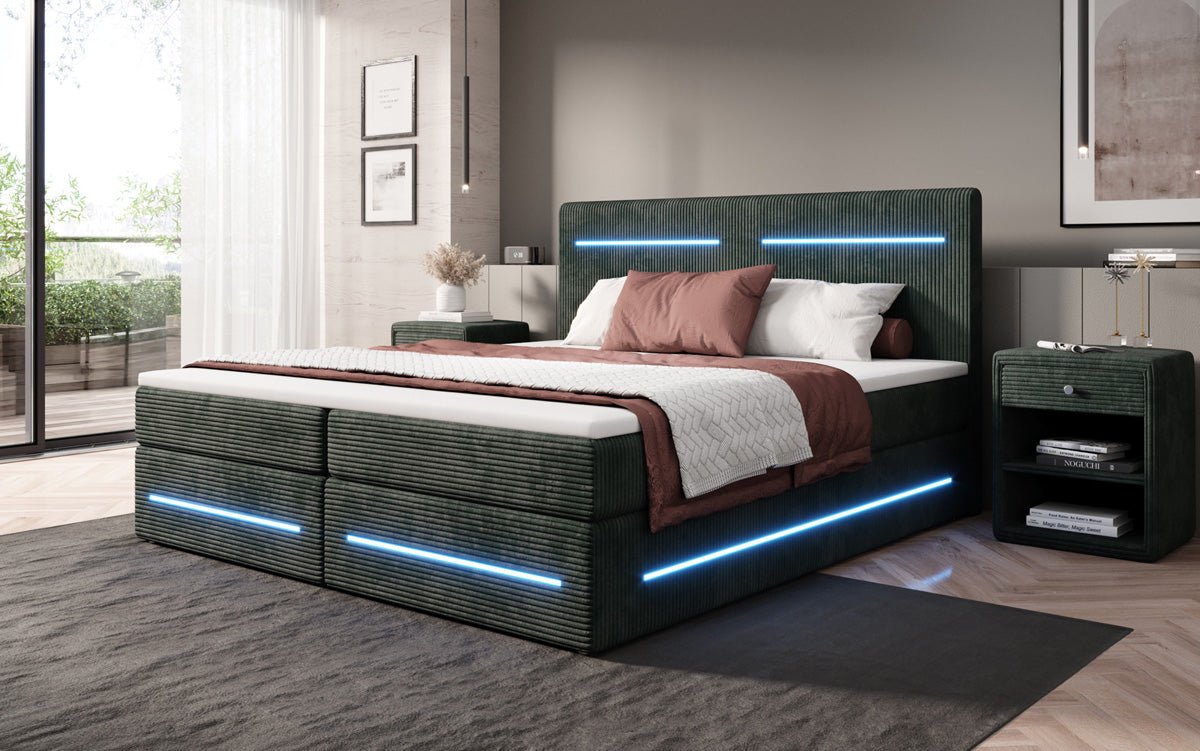 Lit boxspring Lara avec espace de rangement et LED en Côtelé