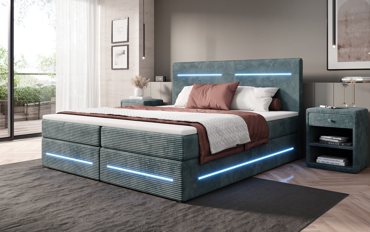 Lit boxspring Lara avec espace de rangement et LED en Côtelé