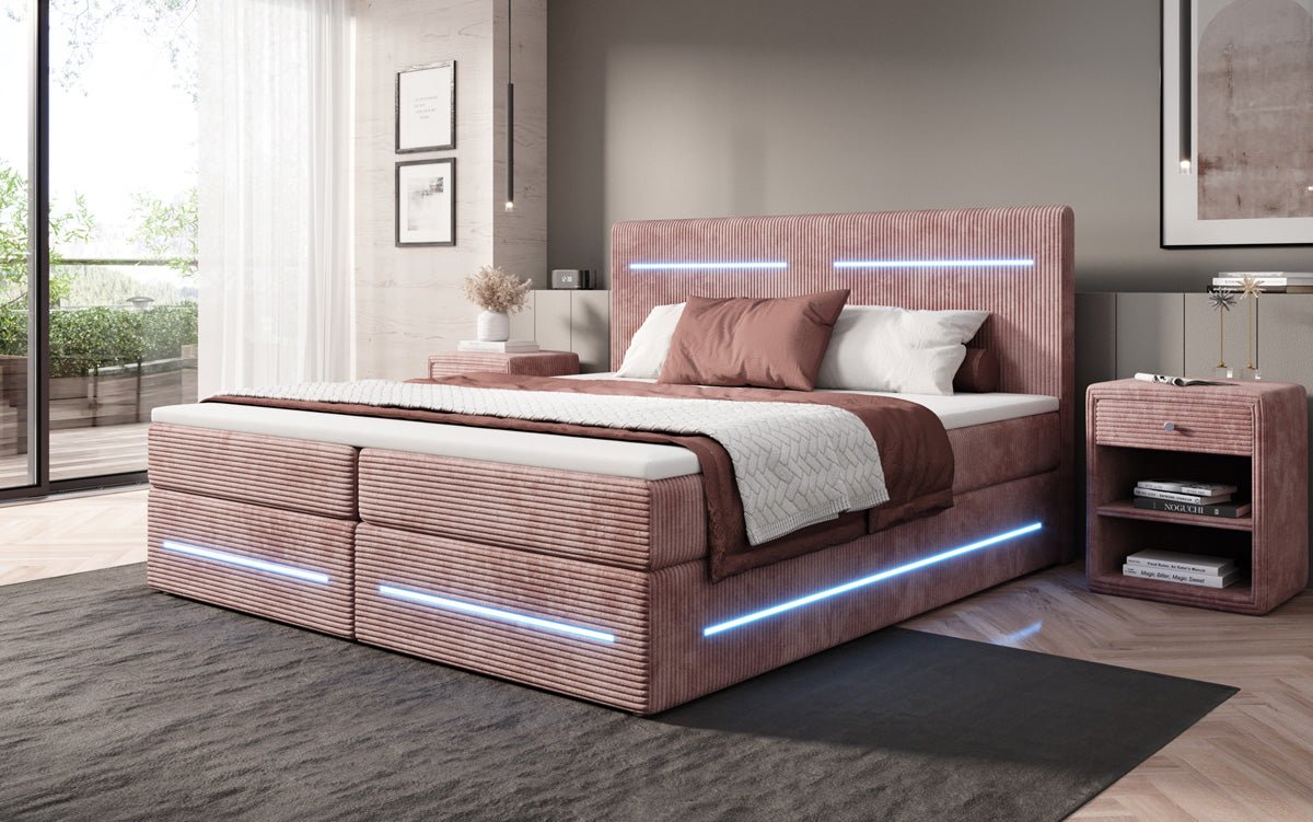 Lit boxspring Lara avec espace de rangement et LED en Côtelé
