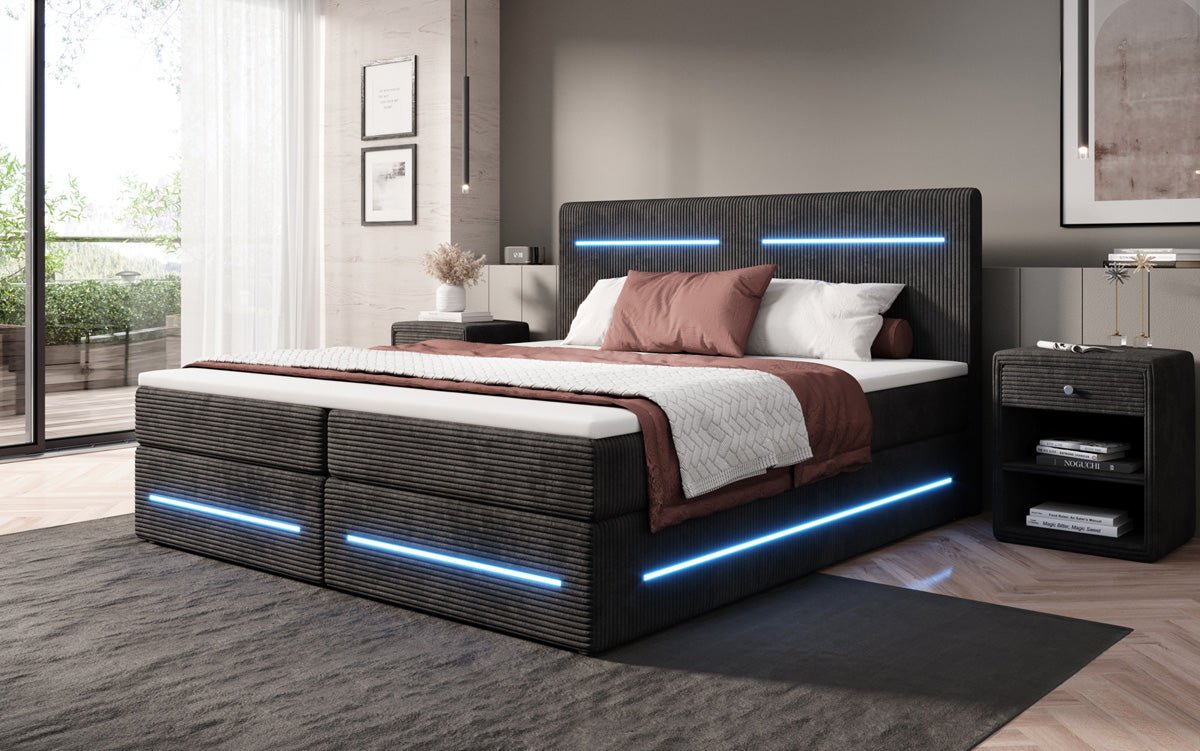 Lit boxspring Lara avec espace de rangement et LED en Côtelé