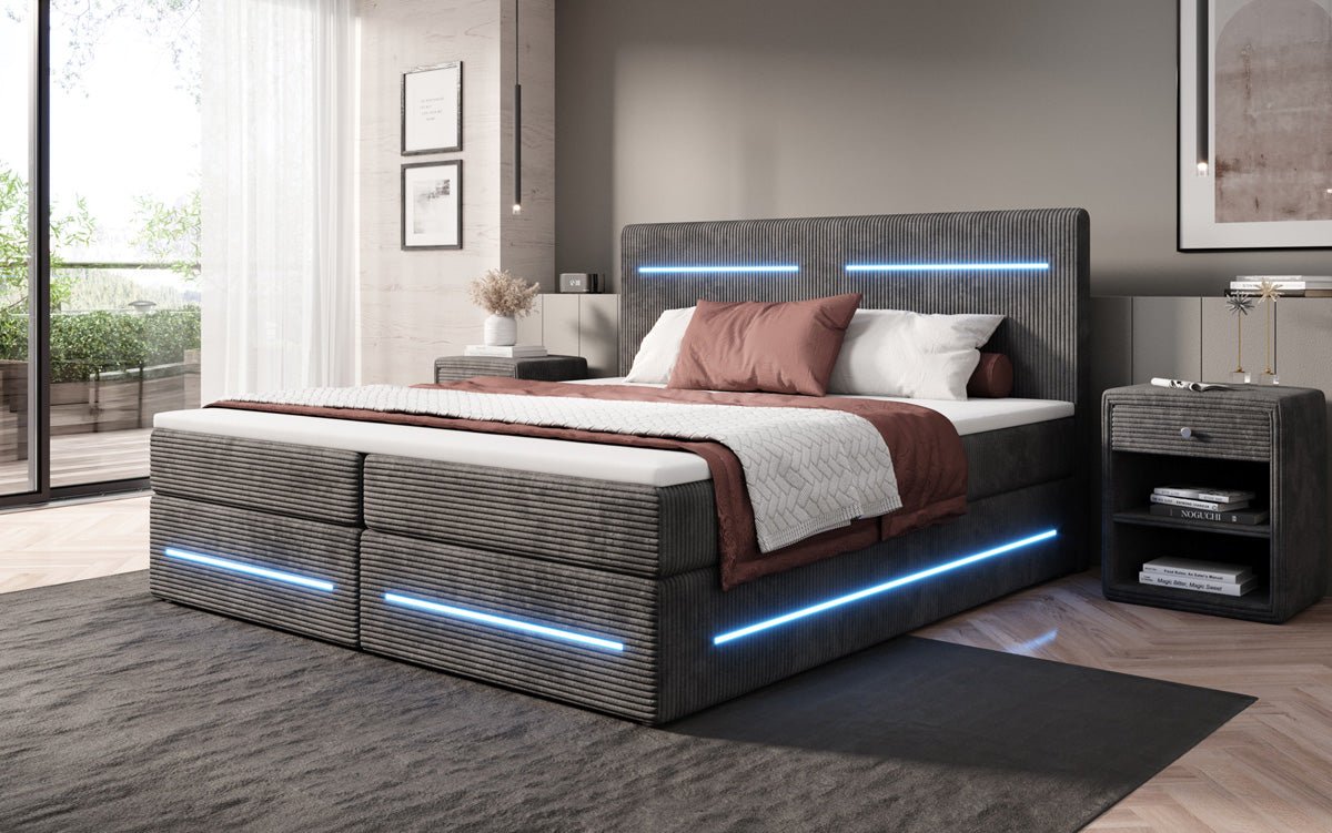 Lit boxspring Lara avec espace de rangement et LED en Côtelé
