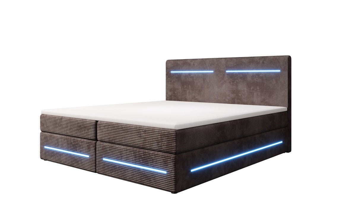 Lit boxspring Lara avec espace de rangement et LED en Côtelé