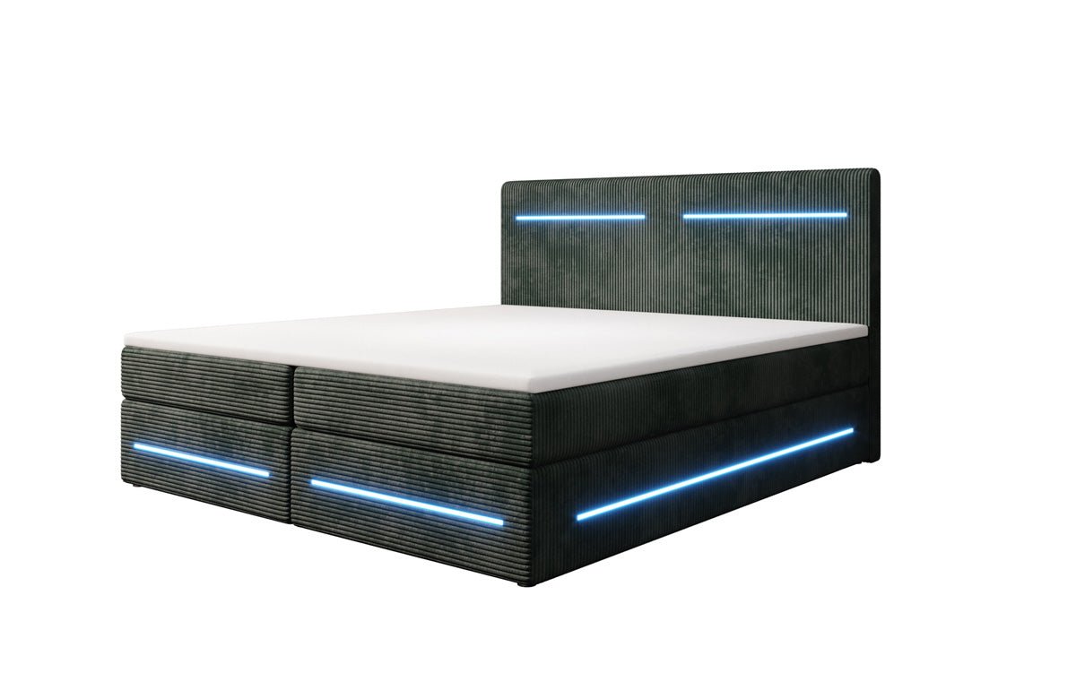 Lit boxspring Lara avec espace de rangement et LED en Côtelé