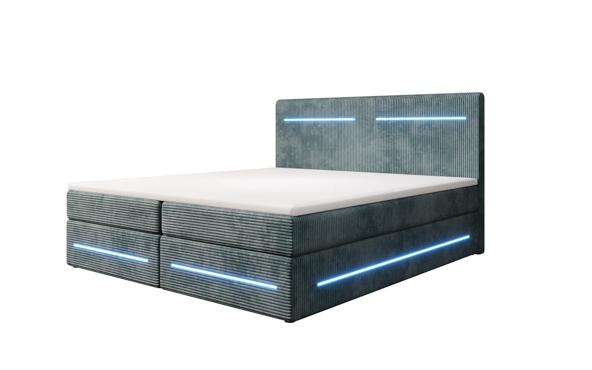 Lit boxspring Lara avec espace de rangement et LED en Côtelé