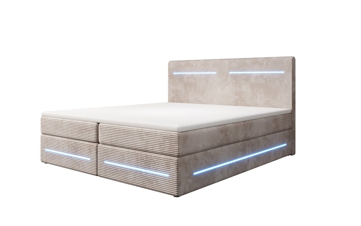 Lit boxspring Lara avec espace de rangement et LED en Côtelé