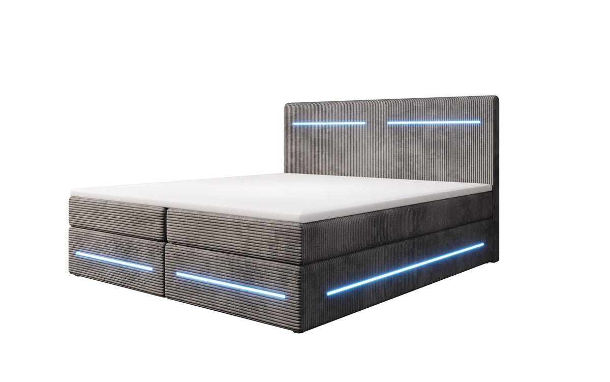Lit boxspring Lara avec espace de rangement et LED en Côtelé