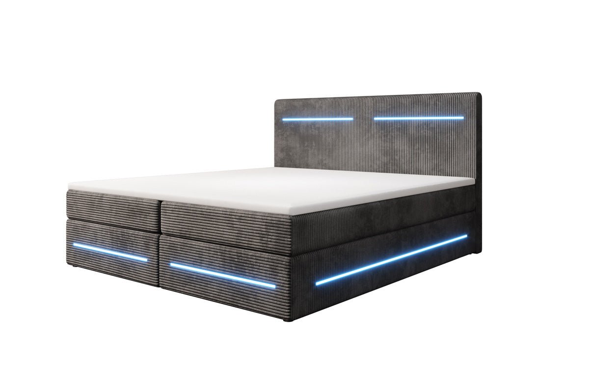 Lit boxspring Lara avec espace de rangement et LED en Côtelé