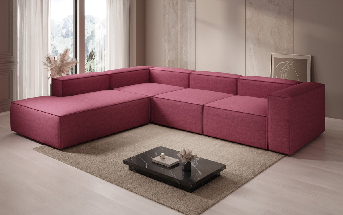 Designer Ecksofa Lesley mit langer Ottomane in Leinen-Optik