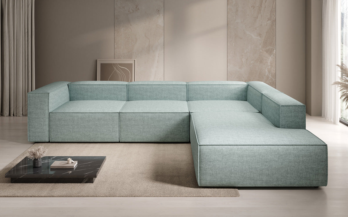 Designer Ecksofa Lesley mit langer Ottomane in Leinen-Optik
