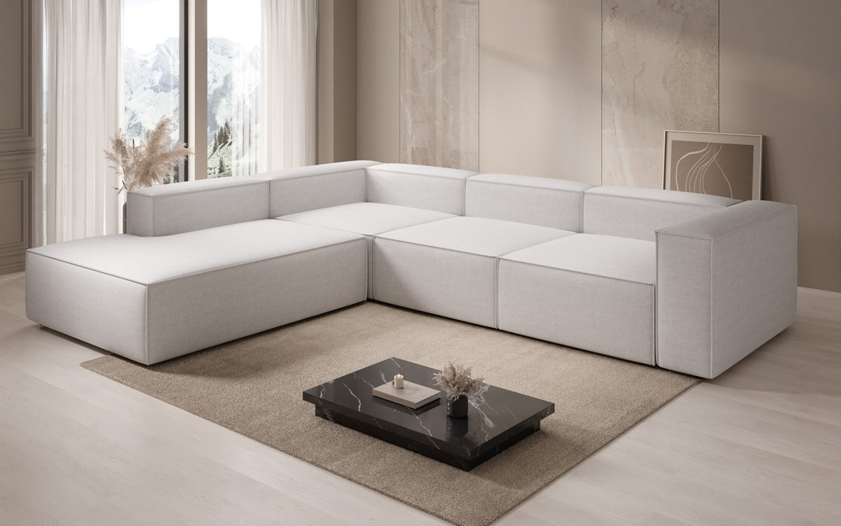 Designer Ecksofa Lesley mit langer Ottomane in Leinen-Optik