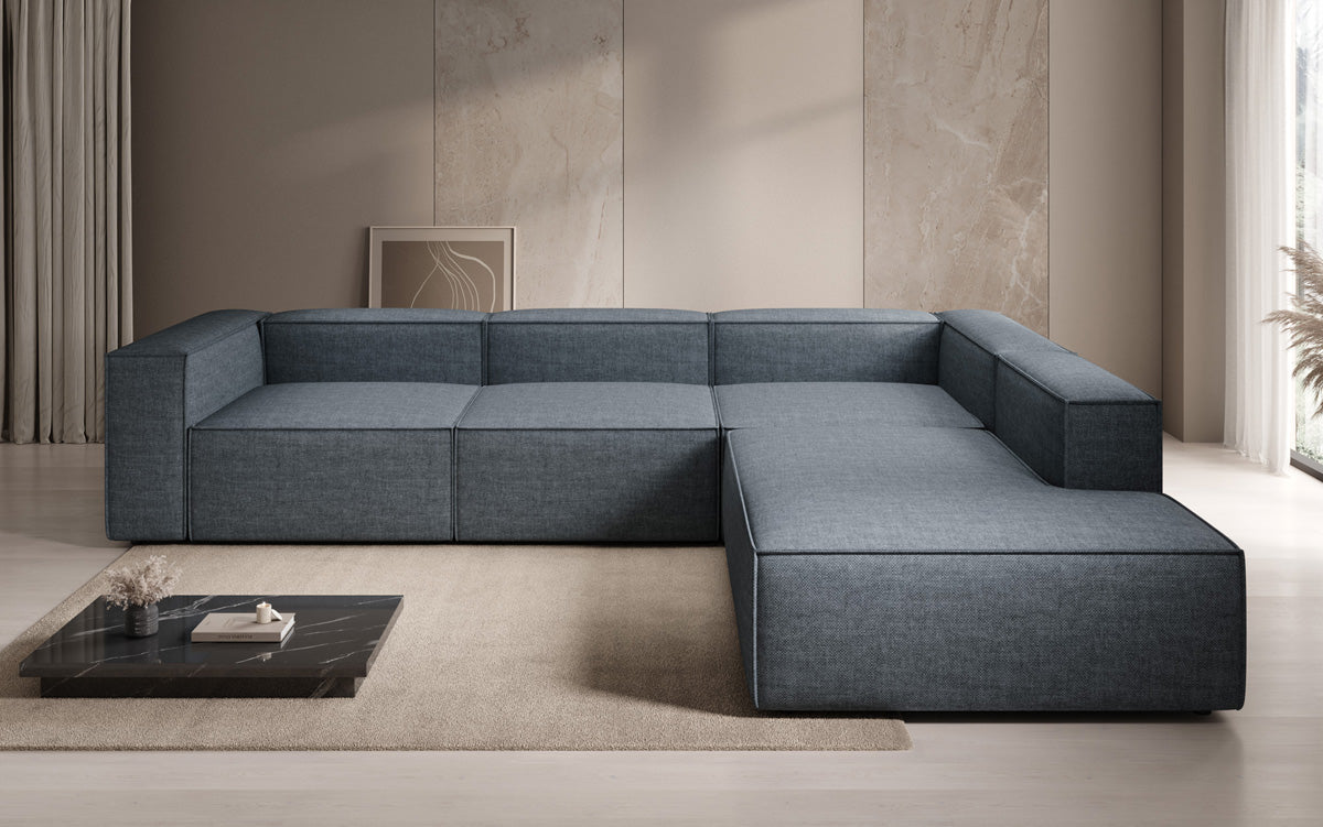 Designer Ecksofa Lesley mit langer Ottomane in Leinen-Optik