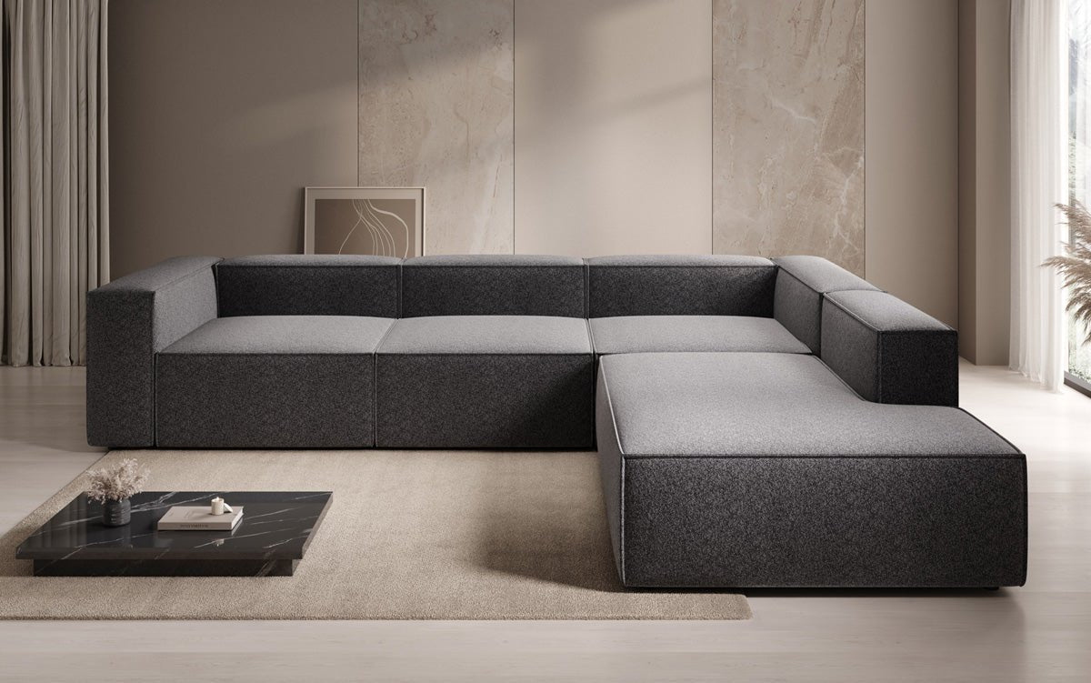 Designer Sofa Lesley L mit langer Ottomane in Strukturstoff