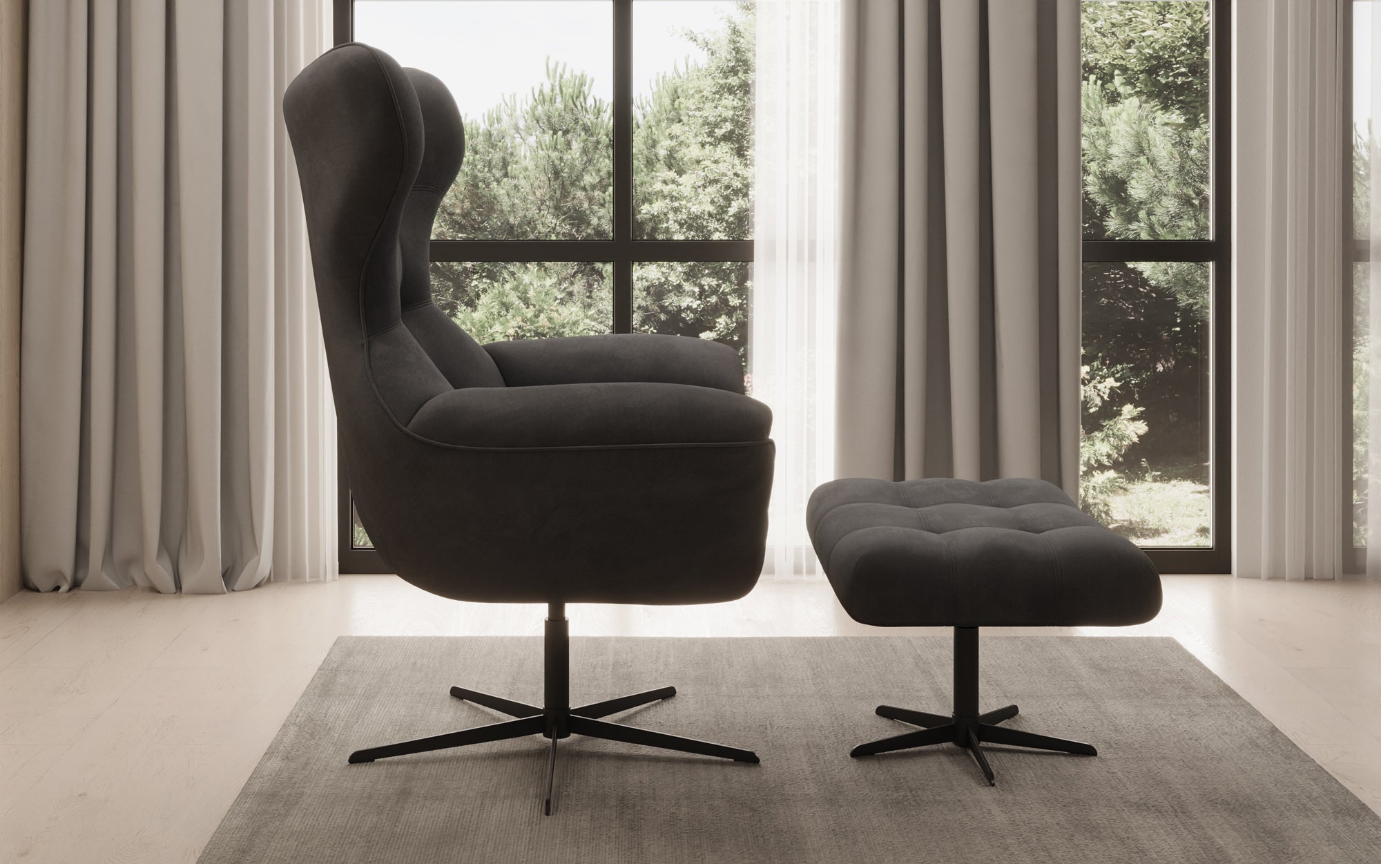Designer Sofa-Sessel Aurelio inkl. Beistellhocker in Samt