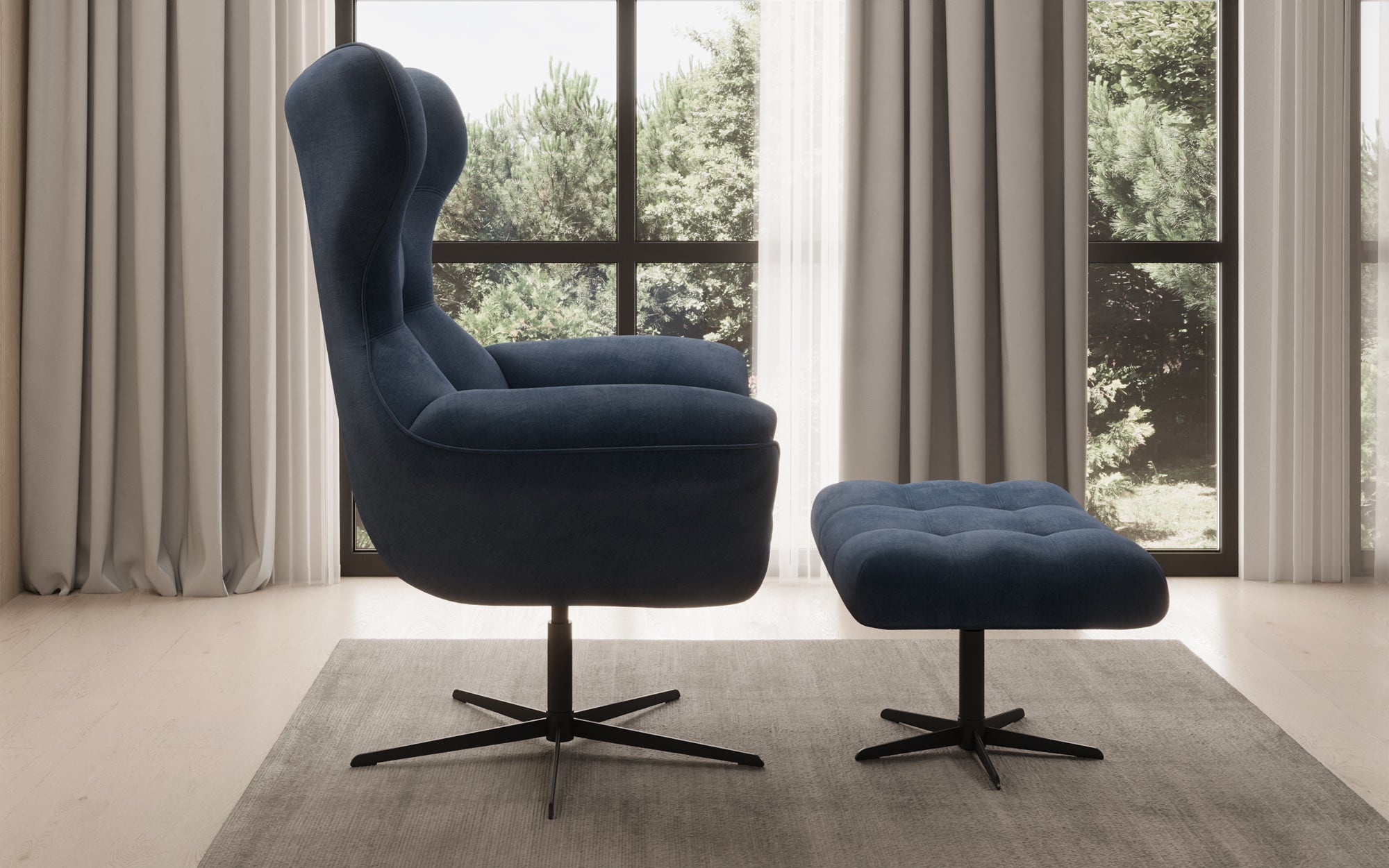 Designer Sofa-Sessel Aurelio inkl. Beistellhocker in Samt