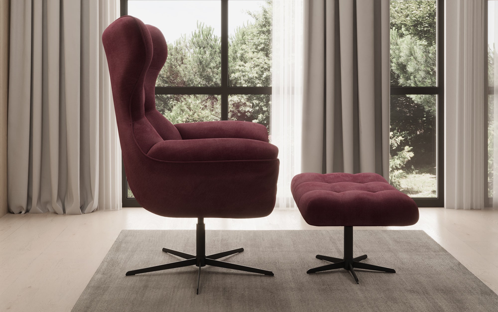 Designer Sofa-Sessel Aurelio inkl. Beistellhocker in Samt