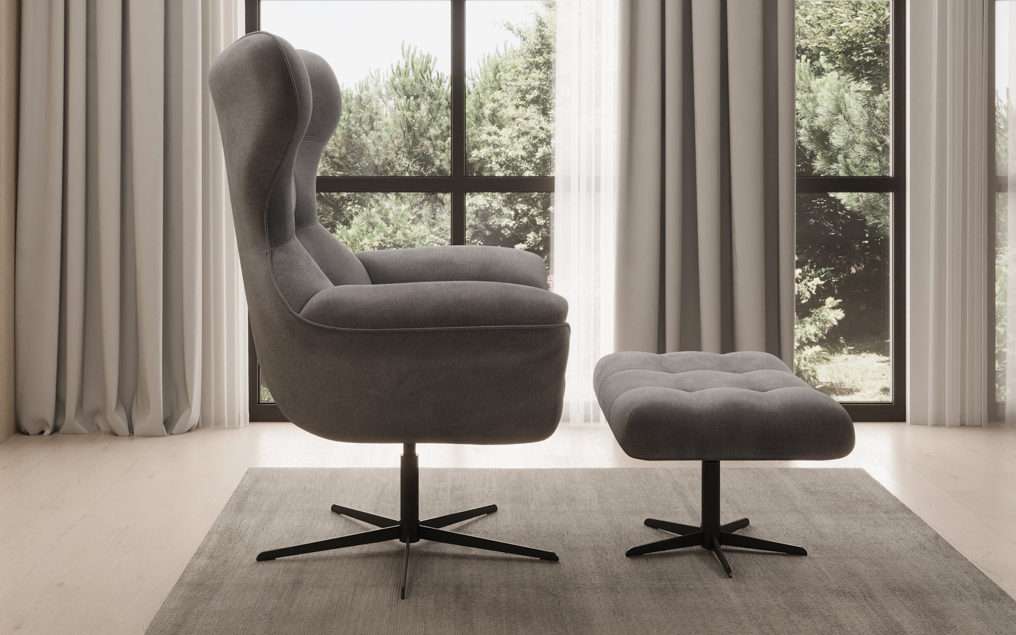 Designer Sofa-Sessel Aurelio inkl. Beistellhocker in Samt