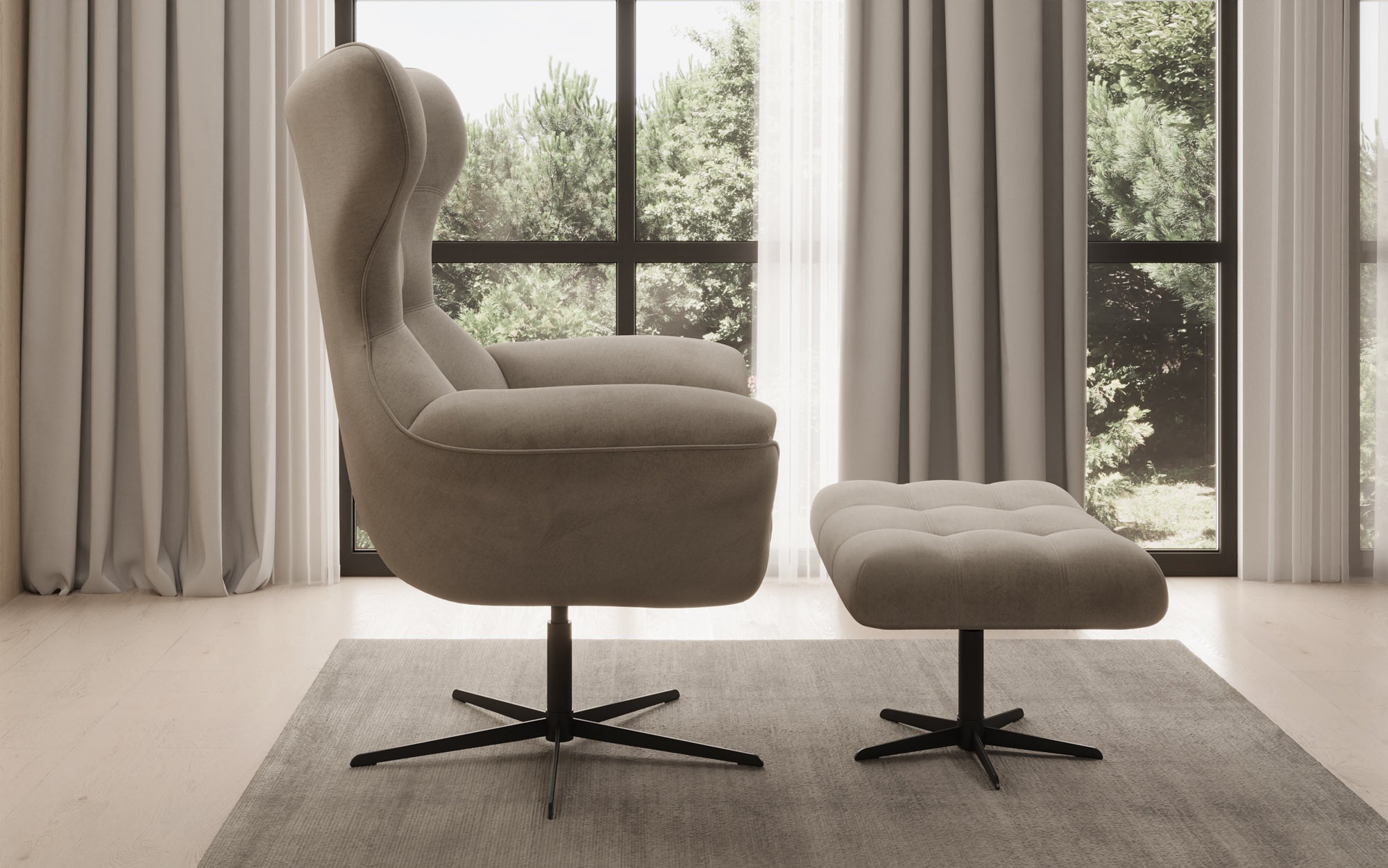Designer Sofa-Sessel Aurelio inkl. Beistellhocker in Samt