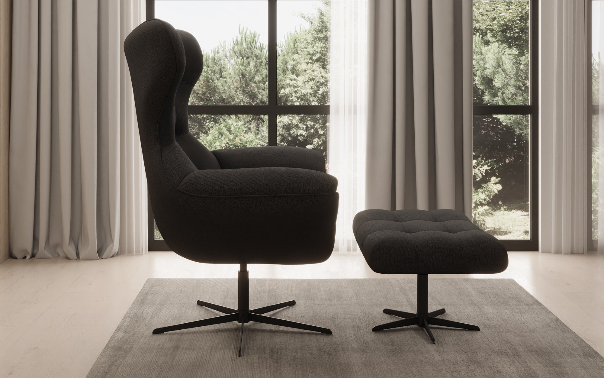 Designer Sofa-Sessel Aurelio inkl. Beistellhocker in Stoff