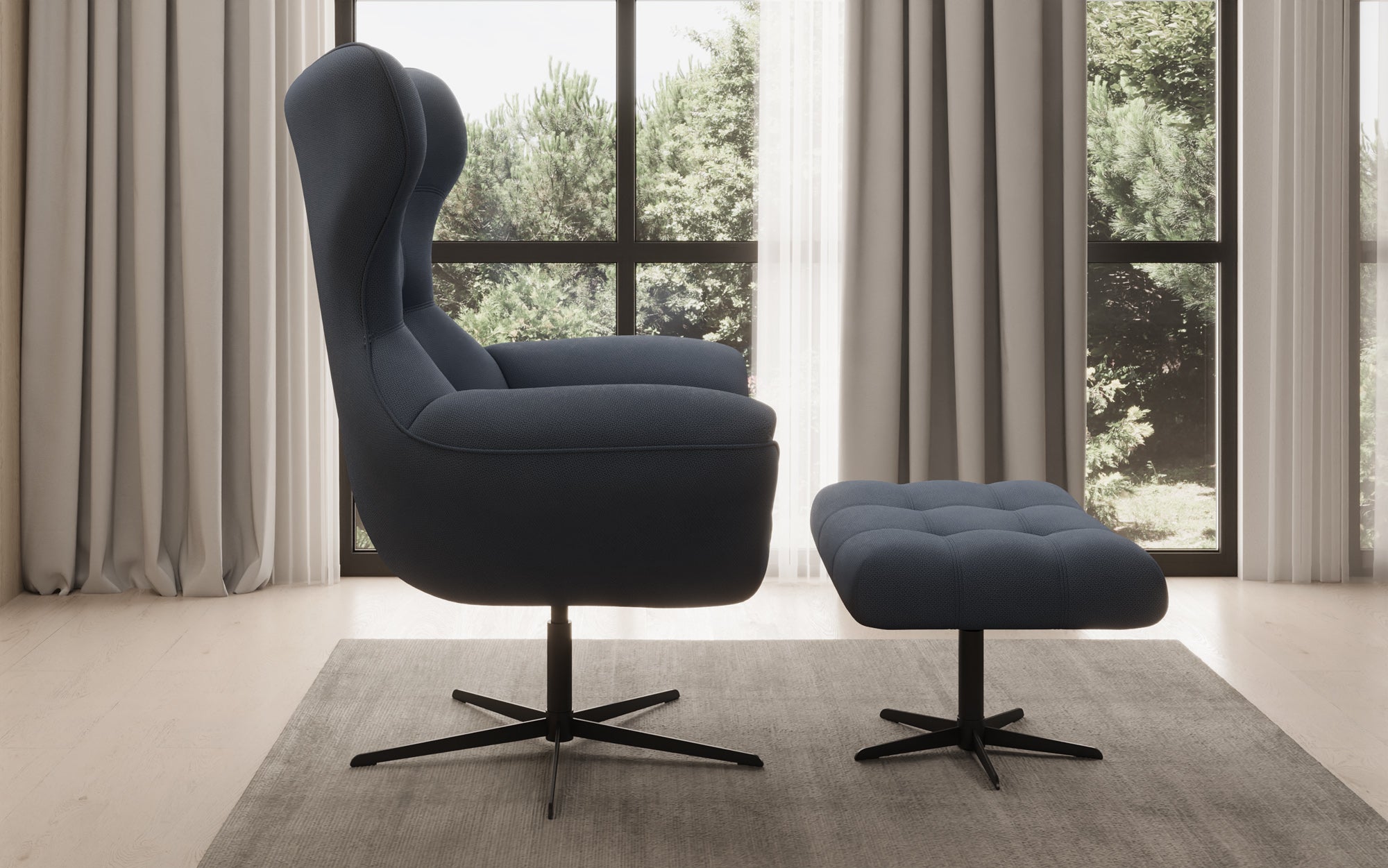 Designer Sofa-Sessel Aurelio inkl. Beistellhocker in Stoff