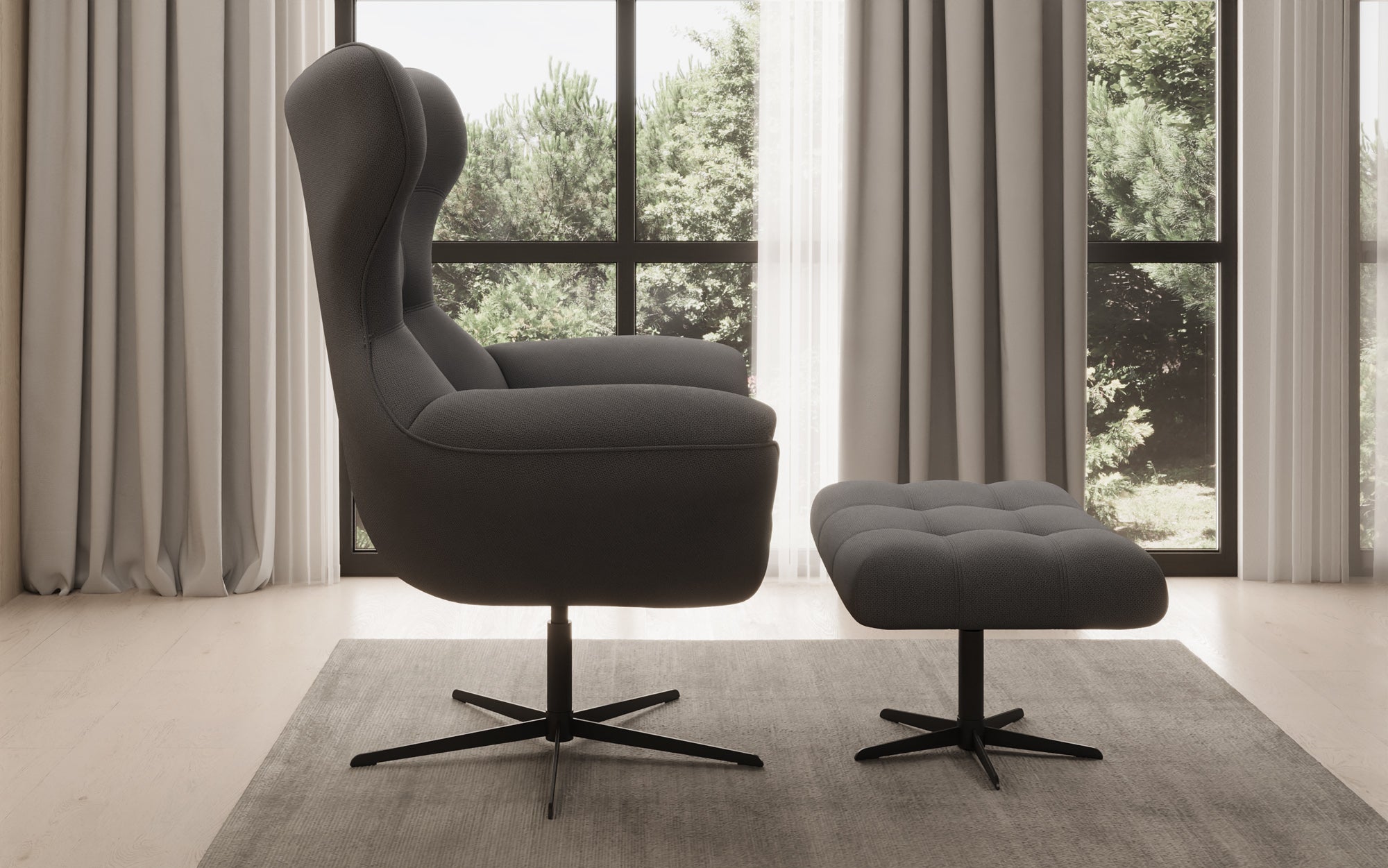 Designer Sofa-Sessel Aurelio inkl. Beistellhocker in Stoff