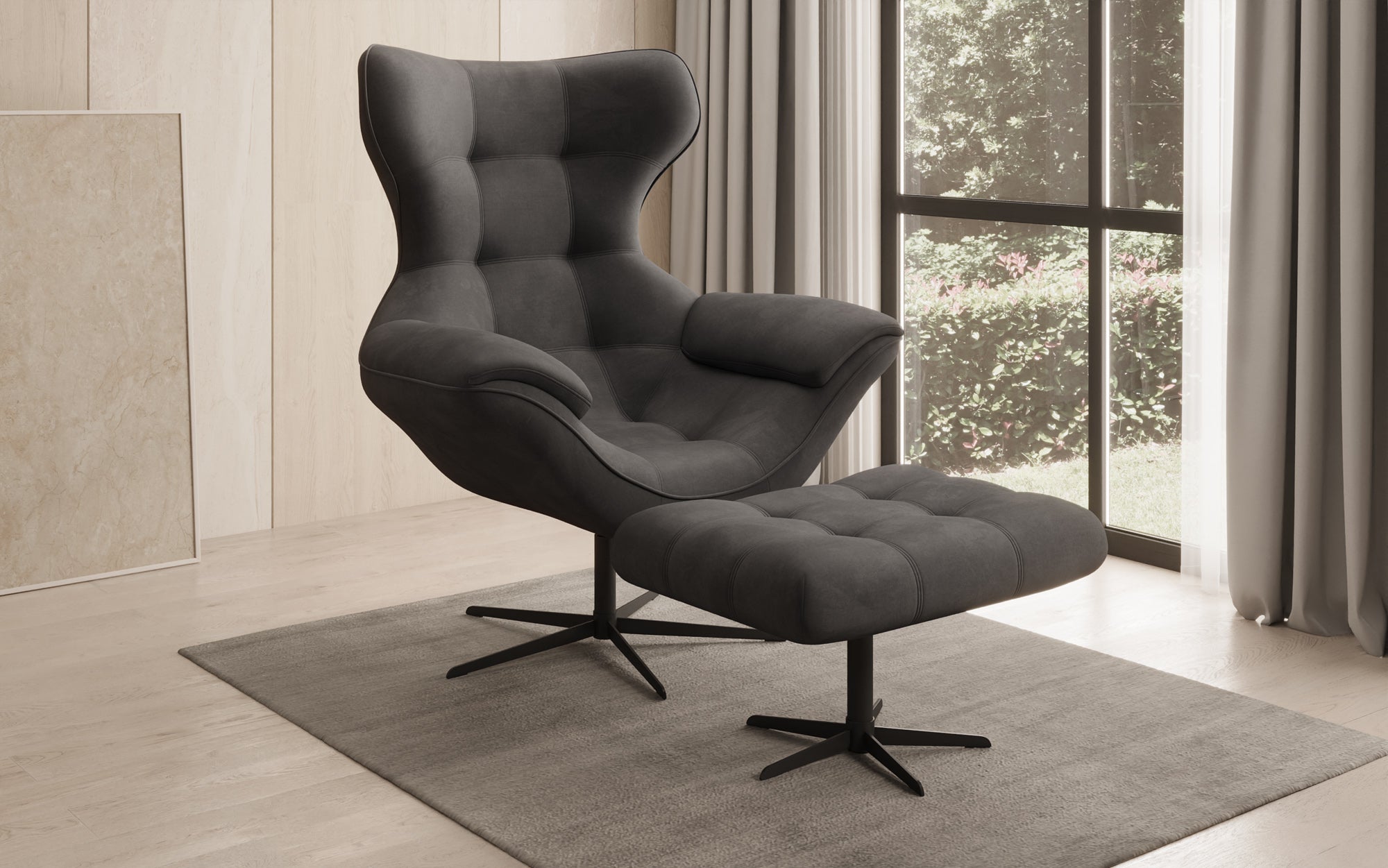 Designer Sofa-Sessel Aurelio inkl. Beistellhocker in Samt