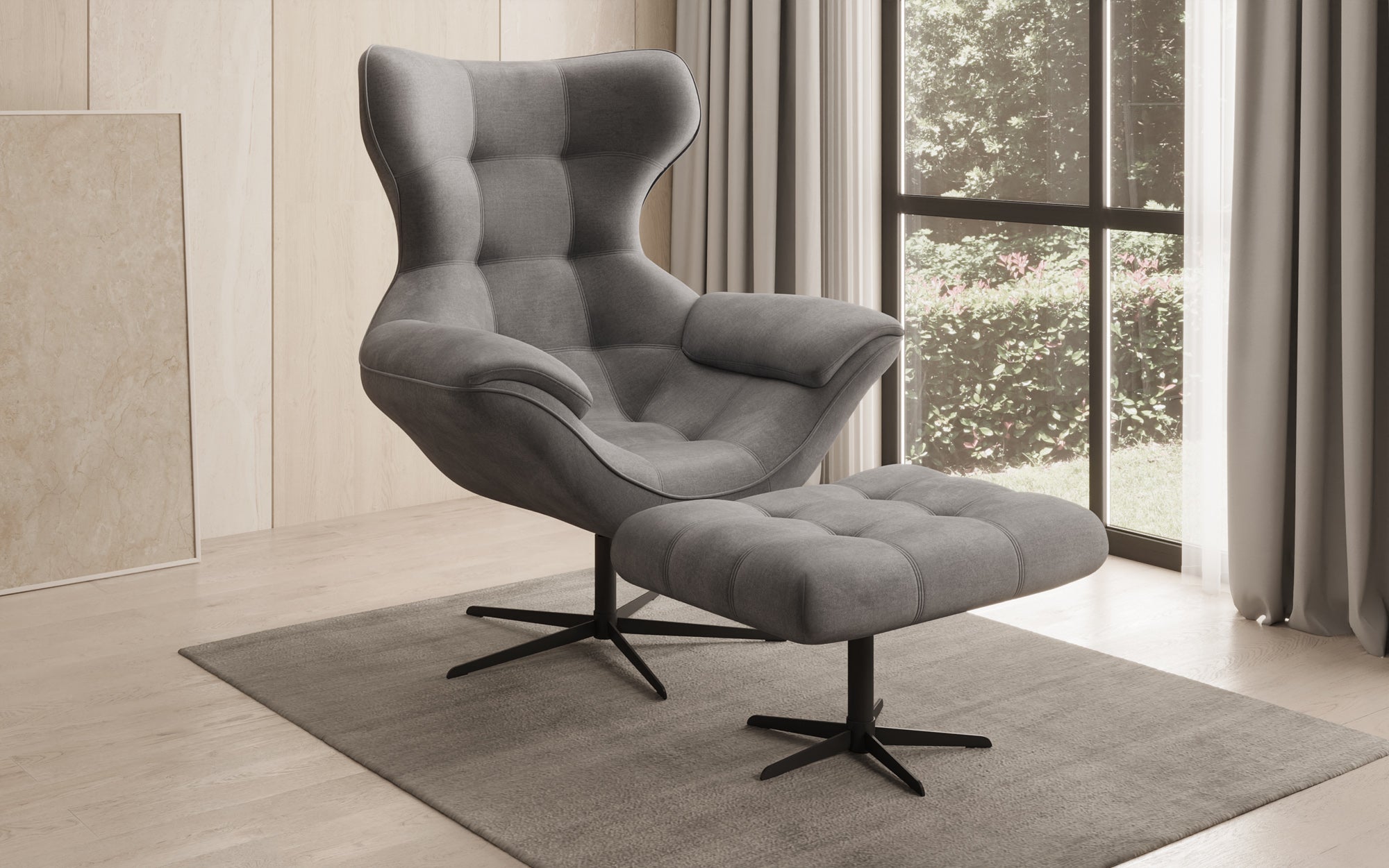Designer Sofa-Sessel Aurelio inkl. Beistellhocker in Samt