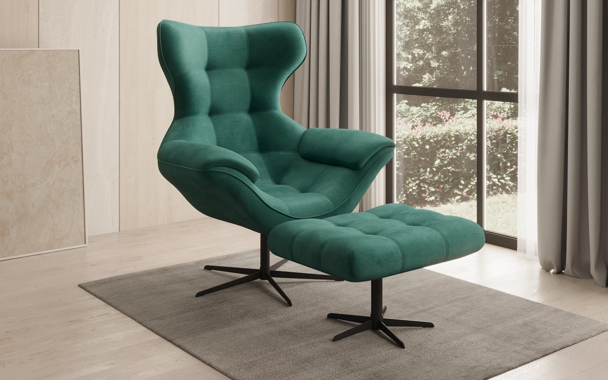Designer Sofa-Sessel Aurelio inkl. Beistellhocker in Samt