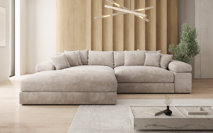 Designer Ecksofa Bernardo mit breiter Ottomane in Cord