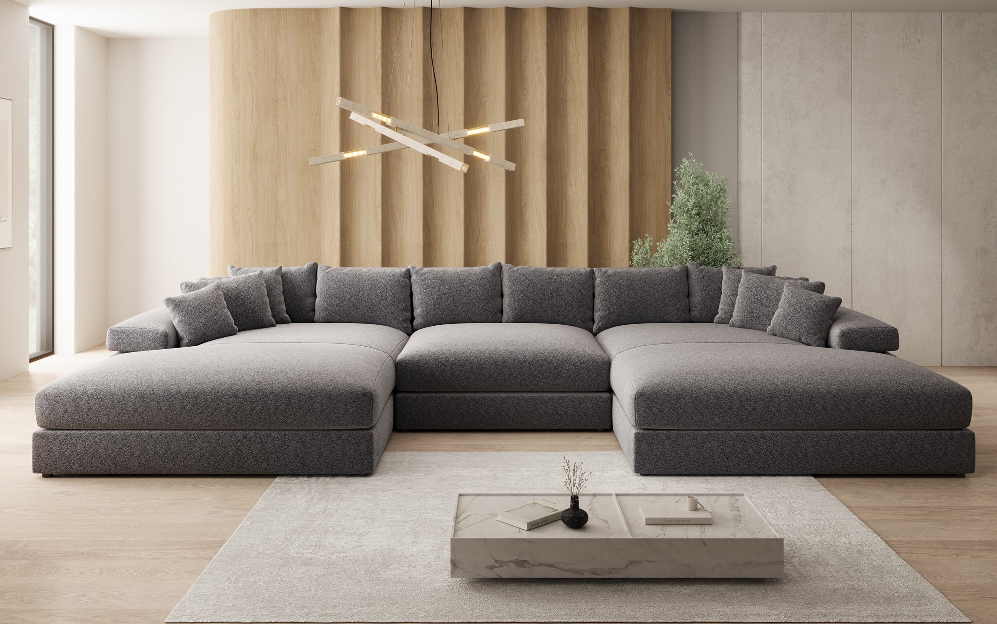 Designer Sofa Bernardo U mit breiter Ottomane in Strukturstoff