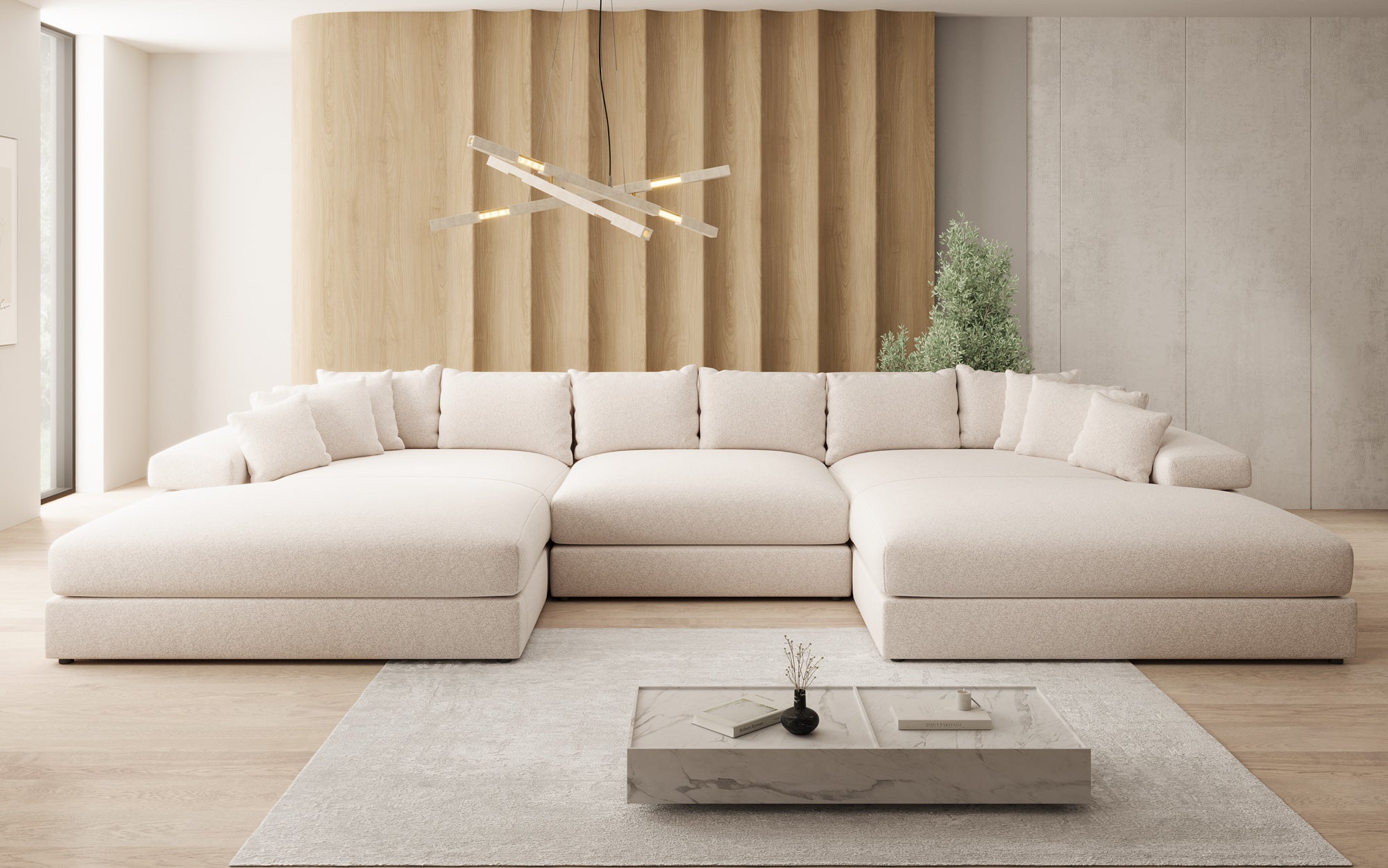 Designer Sofa Bernardo U mit breiter Ottomane in Strukturstoff