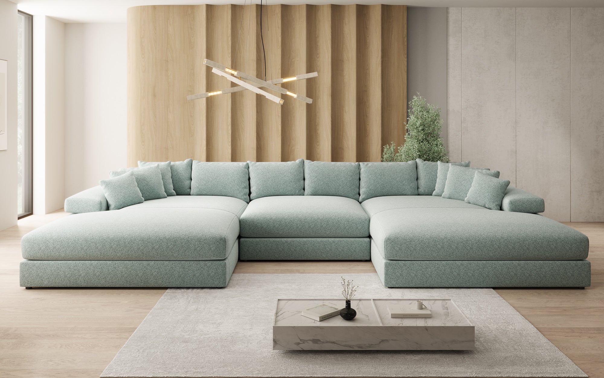 Designer Sofa Bernardo U mit breiter Ottomane in Strukturstoff