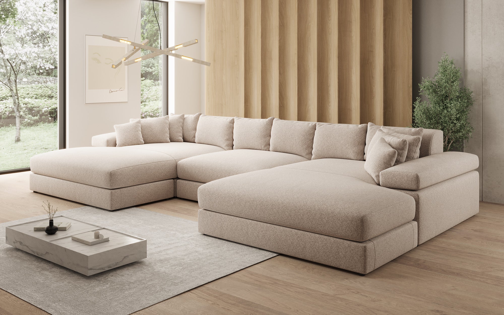 Designer Sofa Bernardo U mit breiter Ottomane in Strukturstoff