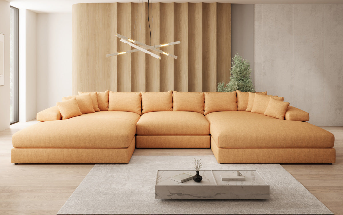 Designer Sofa Bernardo U mit breiter Ottomane in Leinen-Optik