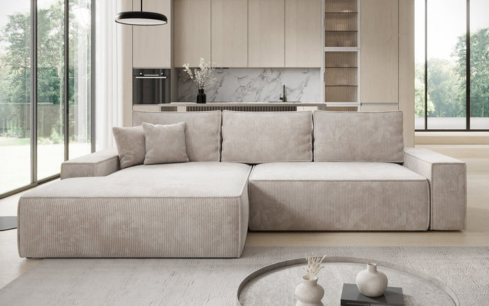 Designer Ecksofa Verona mit breiter Ottomane mit Schlaf- und Klappfunktion in Cord