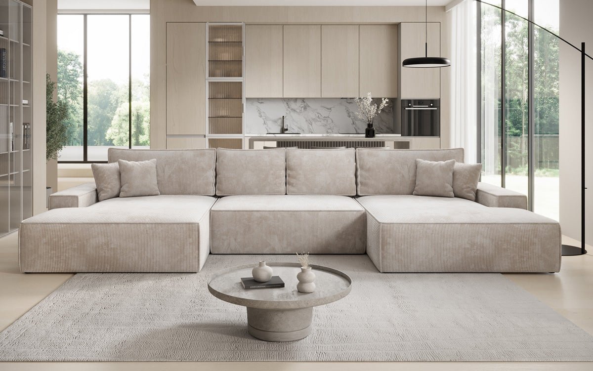 Designer Sofa Verona U mit breiter Ottomane mit Schlaffunktion und Stauraum in Cord