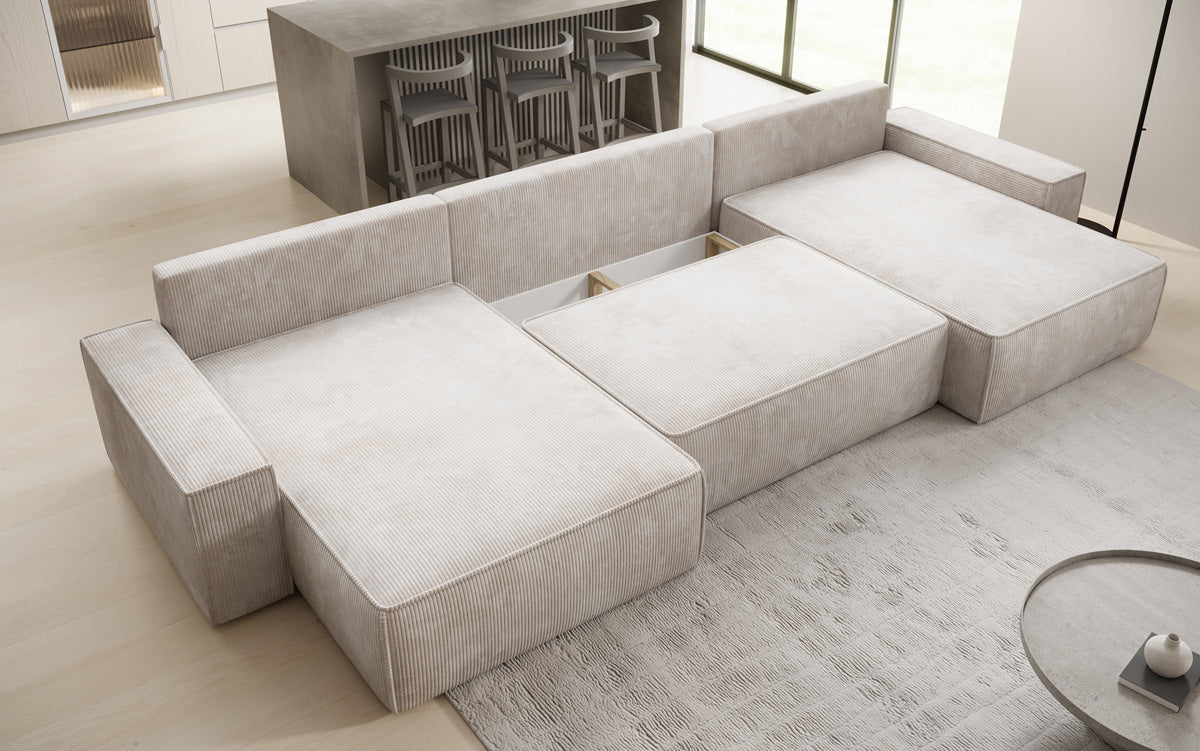 Designer Sofa Lunaro U mit Schlaffunktion und Stauraum in Cord