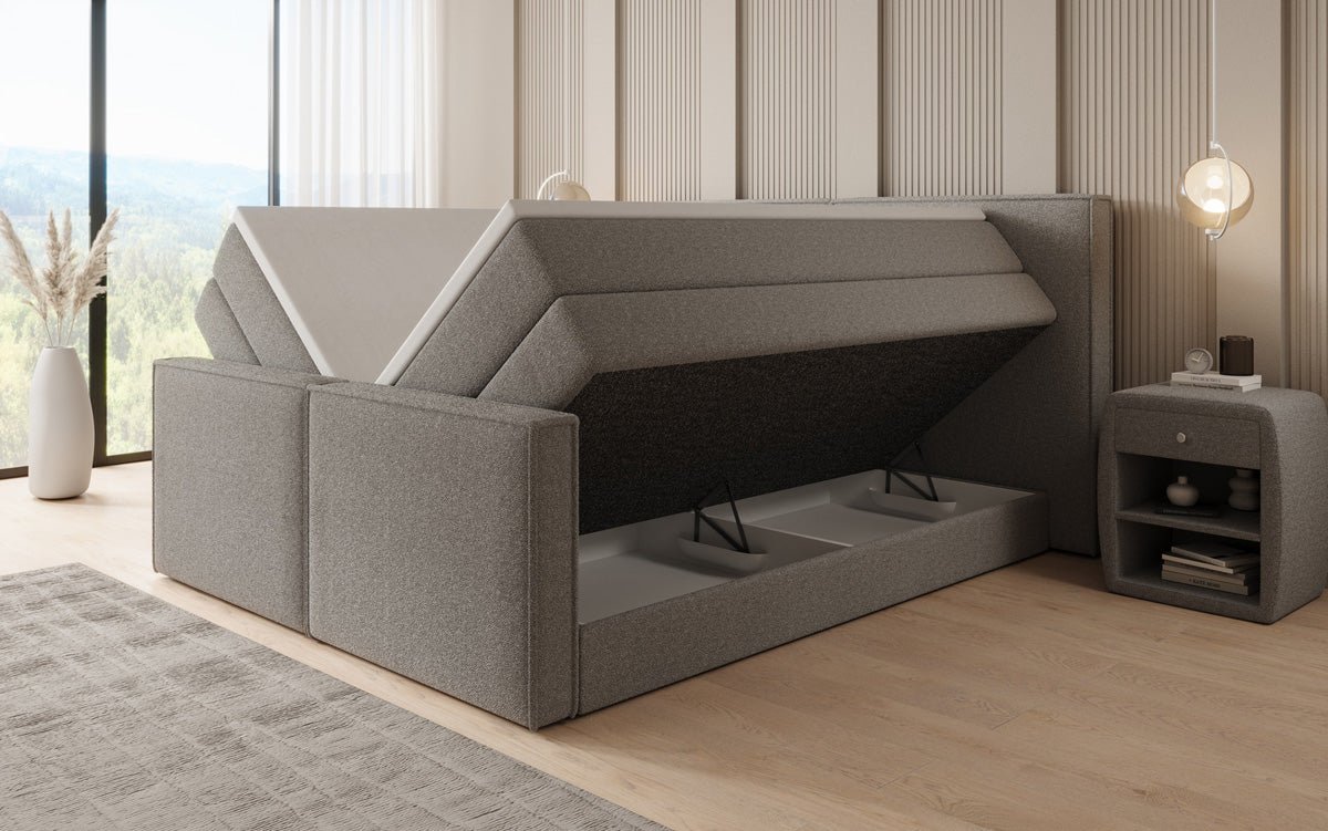Boxspringbett Ophelia II mit hochklappbarem Stauraum in Teddy Bouclé