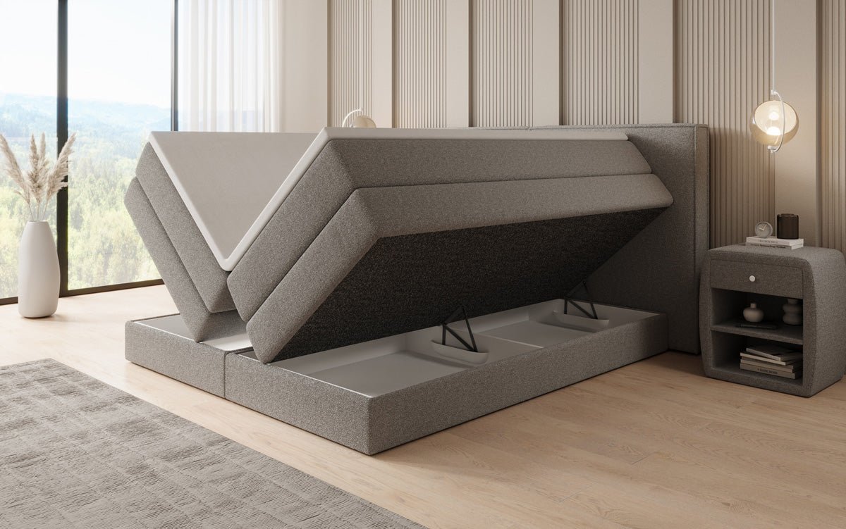 Boxspringbett Ophelia mit hochklappbarem Stauraum in Teddy Bouclé