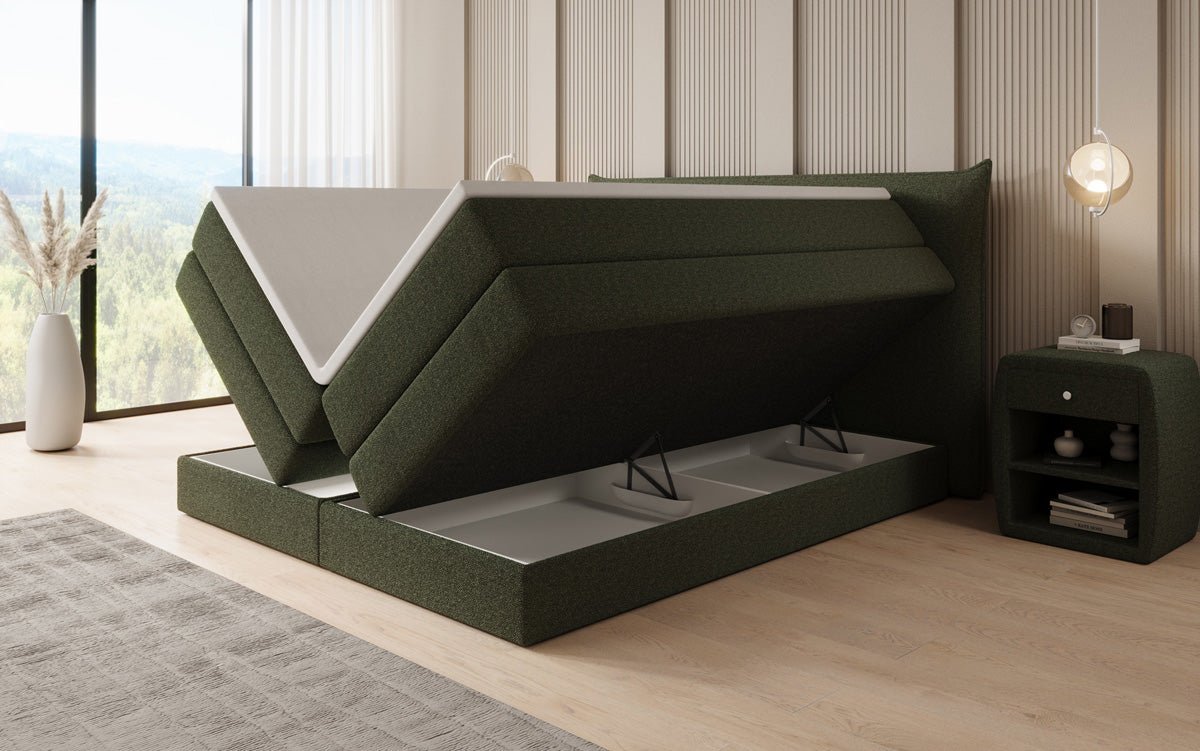 Boxspringbett Liana mit hochklappbarem Stauraum in Teddy Bouclé