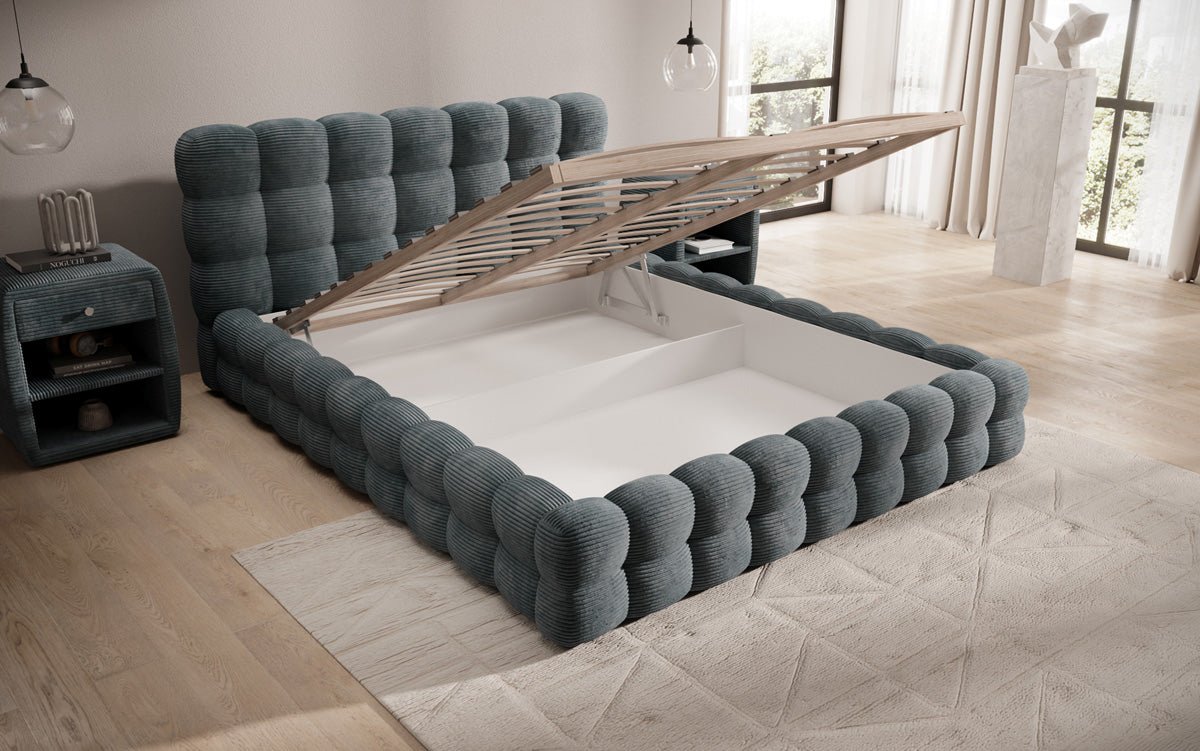 Designer Polsterbett Calimo in Cord mit Stauraum
